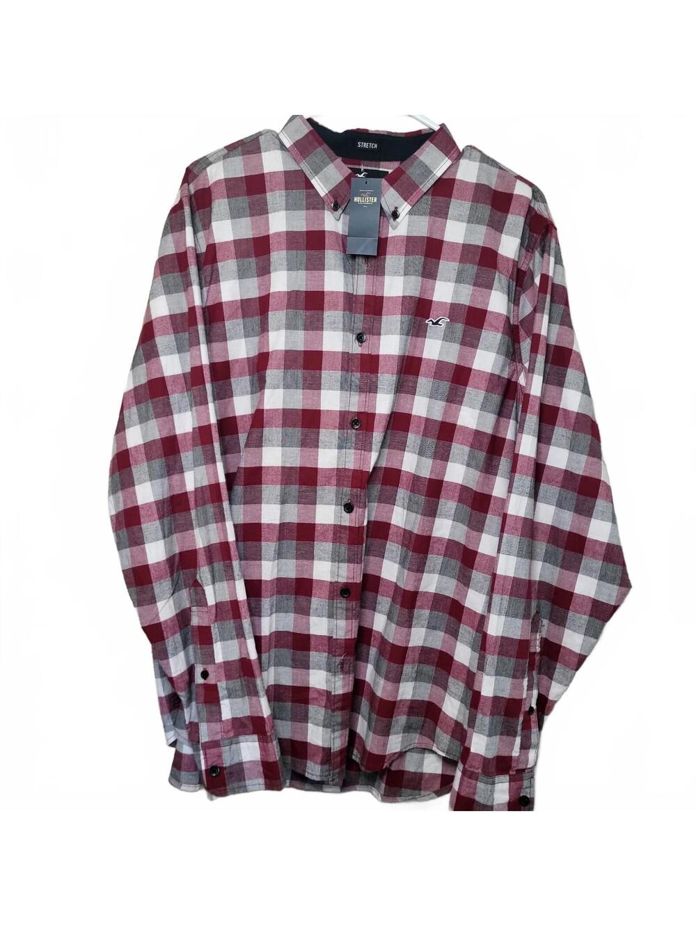 Hollister XXL Men's Epic Flex Stretch Button-Up Plaid Shirt in Red, White, and G